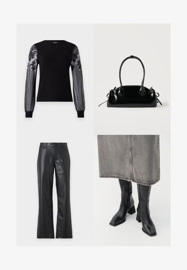 Haut noir à manches longues avec un corps en tricot uni et des manches en maille transparente texturée ornées de broderies florales et d'un motif rayé au niveau des poignets.; Pantalon en cuir noir avec un design évasé, doté de poches avant, passants de ceinture et d'une fermeture à bouton. Texture lisse avec des coutures visibles.; Bottes noires montantes en cuir lisse avec un bout carré et un talon bloc. Portées avec une jupe en denim grise à l'ourlet effiloché.; Petit sac à main noir brillant avec deux longues anses et des détails à cordon sur les côtés sur un fond clair uni.