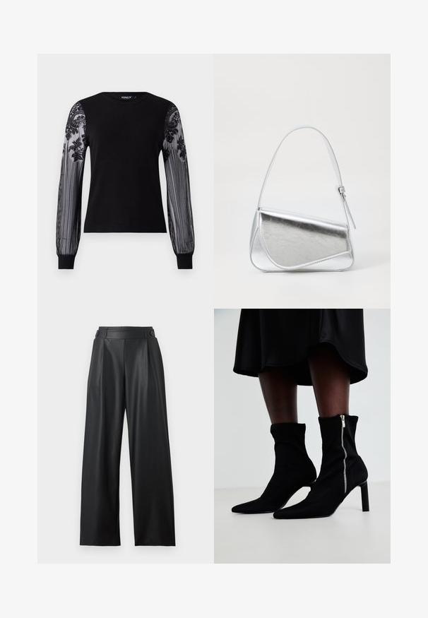 Top negro de manga larga con cuerpo de punto sólido y mangas de malla texturizada transparente que presentan bordados florales y un patrón a rayas en los puños.; Pantalones anchos de cuero sintético negro con cintura alta, detalles de botones en la cintura y pliegues delanteros.; Botas negras hasta el tobillo con un cuerpo de tela elástica, punta afilada y cierre lateral de cremallera, sobre un tacón fino y alto.; Bolso de mano metálico plateado con forma triangular, textura suave y una fina correa de hombro ajustable. Presenta un diseño plegable con costuras.