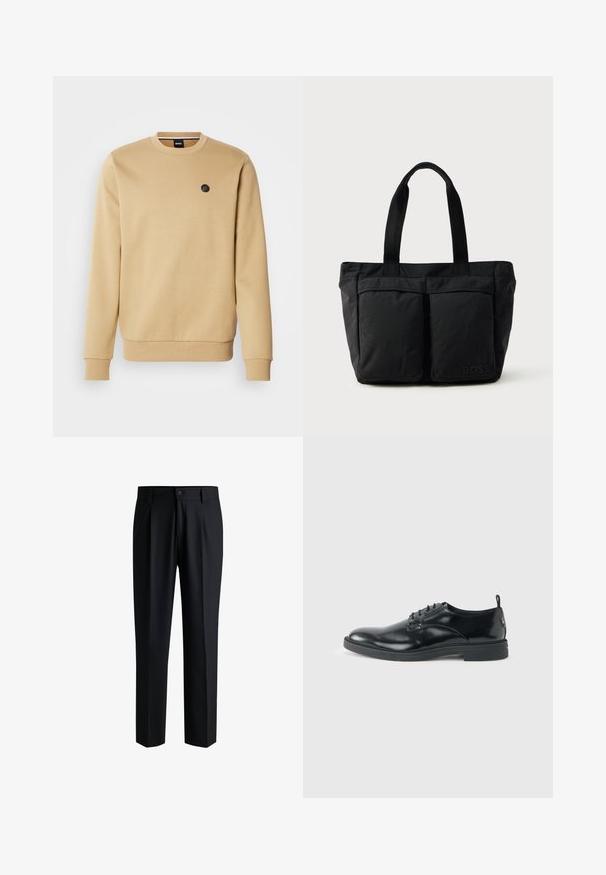 Sweat-shirt beige avec col rond, poignets côtelés et ourlet inférieur. Comprend un petit patch logo noir sur la poitrine gauche. Tissu au toucher lisse.; Pantalons noirs en tissu lisse, avec une coupe droite, des plis à l'avant et une fermeture à bouton avec passants de ceinture.; Chaussure habillée en cuir noir brillant avec un petit talon, fermeture à lacets et bout rond, vue de côté sur un fond uni et clair.; Sac fourre-tout noir en tissu doux, avec deux poches avant et des anses robustes. Logo affiché sur le côté. Design simple et fonctionnel.