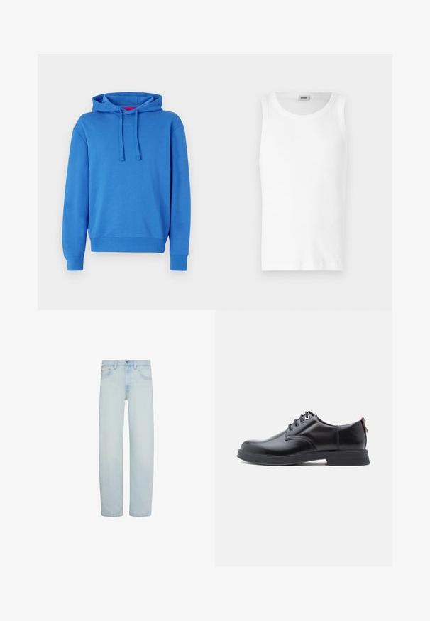 Sudadera azul de mezcla de algodón con capucha ajustable, puños y dobladillo acanalados. Presenta un logo sutil en la parte delantera. Textura suave.; Camiseta sin mangas de algodón blanco con cuello redondo y una textura suave. Diseño sencillo, sin patrones ni acentos.; Vaqueros de mezclilla azul claro con corte recto, cierre frontal con botón y cremallera, trabillas para cinturón y bolsillos delanteros.; Zapatos de piel negra con cordones, textura lisa, puntera redondeada y detalles sutiles de costura. Cuentan con una lengüeta roja en el talón.