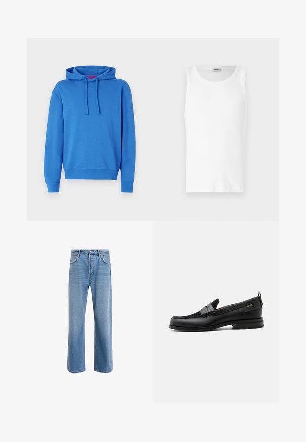 Blaues Hoodie aus Baumwollmischung mit Kapuze mit Kordelzug, gerippten Bündchen und Saum. Hat ein dezentes Logo auf der Vorderseite. Glatte Textur.; Weißes Baumwoll-Tanktop ohne Ärmel mit Rundhalsausschnitt und glatter Textur. Einfaches Design, ohne Muster oder Akzente.; Helle blaue Jeans im Geradeschnitt-Design, mit fünf Taschen, Knopfverschluss, minimaler Ausbleichung und kontrastierenden Nähdetails.; Schwarzer Lederloafer mit grauem Riemendetail, niedrigem Absatz und strukturierter Sohle, seitlich mit „HUGO“ in Gold gebrandmarkt.