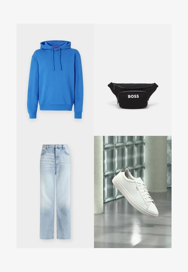 Blauwe hoodie van een katoenmix met een capuchon met trekkoord, ribgebreide manchetten en zoom. Voorzien van een subtiele logo op de voorkant. Effen textuur.; Lichtblauwe, hoog getailleerde, rechte jeans met voorzakken, riemlussen en een knoopsluiting.; Witte leren lage sneaker met veters, zwarte hielstrook en "BOSS"-logo, zwevend binnenshuis bij een glazen stenen muur en gepolijste vloer.; Zwarte stoffen heuptas met een voorkant met rits, een groot hoofdcompartiment en een witte "BOSS" logo op de voorkant. Gladde textuur, gestructureerde vorm.