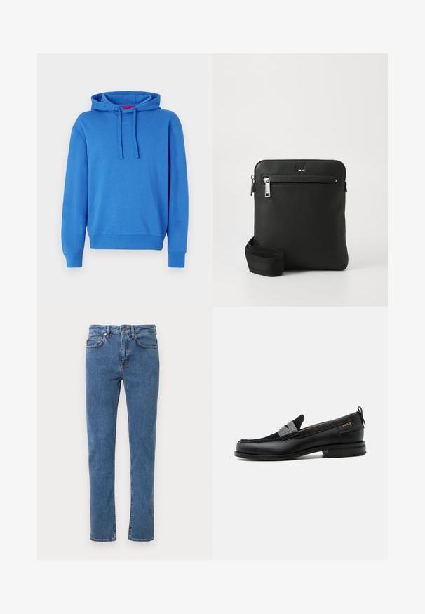 Blauwe hoodie van een katoenmix met een capuchon met trekkoord, ribgebreide manchetten en zoom. Voorzien van een subtiele logo op de voorkant. Effen textuur.; Blauwe denim jeans met een rechte pijp, voorzien van een klassiek ontwerp met vijf zakken, riemlussen en contrasterende stikdetails.; Zwarte leren loafer met grijs riemdetailelement, lage hak en gestructureerde zool, aan de zijkant gebrandmerkt met "HUGO" in goud.; Zwarte leren crossbodytas met een plat ontwerp, een gestructureerd oppervlak, ritssluiting, voorvak en een verstelbare stoffen riem.