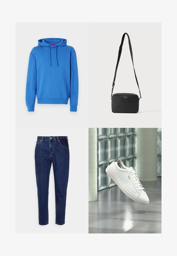 Blaues Hoodie aus Baumwollmischung mit Kapuze mit Kordelzug, gerippten Bündchen und Saum. Hat ein dezentes Logo auf der Vorderseite. Glatte Textur.; Dunkelblaue Jeans mit geradem Bein, vorderer Knopf- und Reißverschluss, Gürtelschlaufen sowie Vorder- und Gesäßtaschen.; Weißer Leder-Low-Top-Sneaker mit Schnürsenkeln, schwarzer Fersenschlaufe und „BOSS“-Logo, der drinnen nahe einer Glassteinwand und einem polierten Boden schwebt.; Schwarze rechteckige Umhängetasche mit verstellbarem Riemen und BOSS-Logo auf der Vorderseite, vor einem einfarbigen hellen Hintergrund.