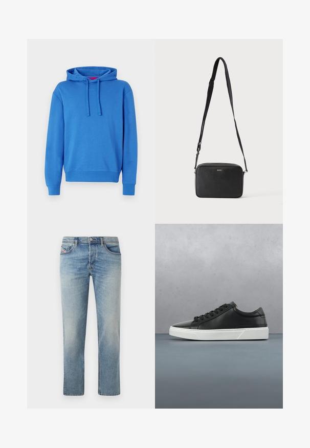 Blauwe hoodie van een katoenmix met een capuchon met trekkoord, ribgebreide manchetten en zoom. Voorzien van een subtiele logo op de voorkant. Effen textuur.; Lichtblauwe denim jeans met een recht gesneden ontwerp. Kenmerken zijn vijf zakken, riemlussen en subtiele vervaging over de stof.; Zwarte leren sneaker met ronde neus, textuur op het oppervlak, witte rubberen zool en zwarte veters. Minimalistisch ontwerp met een slanke uitstraling.; Zwarte rechthoekige crossbodytas met verstelbare band en BOSS-logo aan de voorkant, tegen een effen lichte achtergrond.
