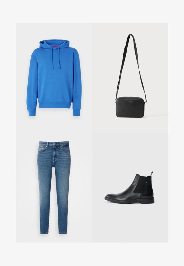 Blauwe hoodie van een katoenmix met een capuchon met trekkoord, ribgebreide manchetten en zoom. Voorzien van een subtiele logo op de voorkant. Effen textuur.; Lichtblauwe denim jeans met een rechte pasvorm, traditionele vijf-pocket stijl, metalen knoopsluiting en subtiele vervaging aan de voorkant.; Zwarte leren Chelsea-boots met elastische zijpanelen, een treklipje en een vlakke rubberen zool. Gladde textuur met minimale details.; Zwarte rechthoekige crossbodytas met verstelbare band en BOSS-logo aan de voorkant, tegen een effen lichte achtergrond.