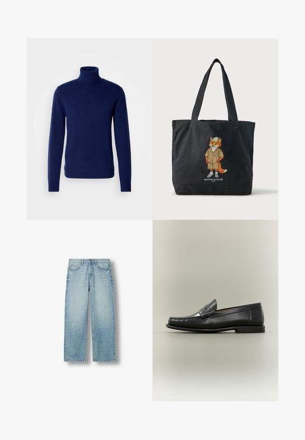 Mørkeblå turtleneck sweater lavet af blødt strikket materiale. Har en ribbet krave, manchetter og kant. Enkel, tætsiddende design uden synlige mønstre.; Lyseblå straight-leg cowboybukser med fem lommer og knaplukning, vist mod en hvid baggrund.; Sort læder herresko med moc-toe-design, penny-rem og lav hæl på en neutral baggrund.; Sort mulepose med to håndtag, med illustration af en ræv iført hat og shorts samt teksten "Maison Kitsuné Paris" nedenunder.