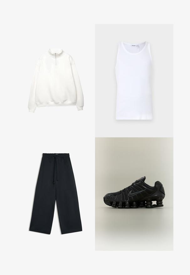Hvid langærmet pullover med ribstrikkede manchetter og kant, med høj krave og forreste kvart-lynlås.; Hvid bomulds tanktop med rund hals og brede stropper. Glat tekstur, ingen mønstre, enkelt design og mærkeetiket på halsudskæringen.; Sorte bukser med vide ben med elastisk talje og snøre foran, vist på en hvid baggrund.; Sort Nike løbesko med fjedrende opdelt sål, mesh-øverdel og matchende sort swoosh-logo på siden.