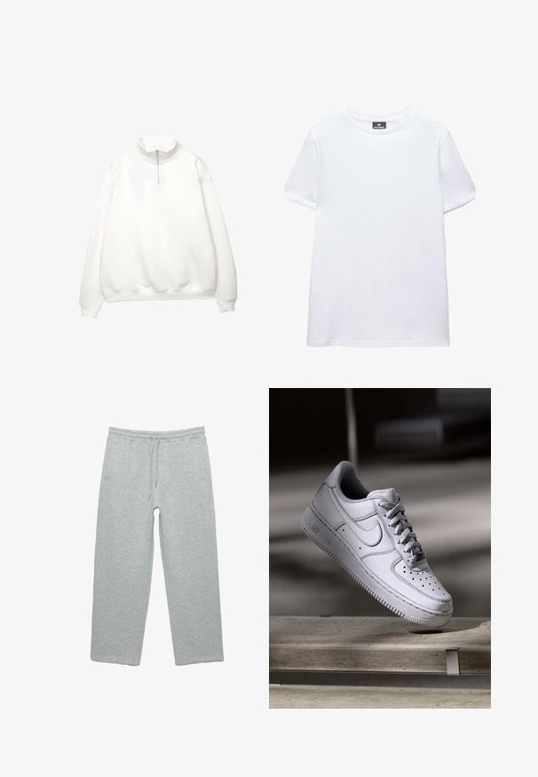 Hvid langærmet pullover med ribstrikkede manchetter og kant, med høj krave og forreste kvart-lynlås.; Simpel hvid t-shirt med korte ærmer og rund halsudskæring med en sort Pull&Bear mærkat indeni kraven, vist på en hvid baggrund.; Lys grå sweatpants med elastisk talje, snor, sidelommer og en afslappet lige benpasform.; Hvid læder Nike Air Force 1 sneaker med perforeret tå, flade snørebånd og tekstureret gummisål med "AIR" branding på siden.