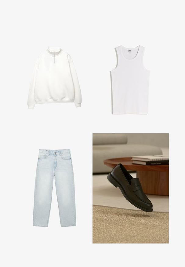 Hvid langærmet pullover med ribstrikkede manchetter og kant, med høj krave og forreste kvart-lynlås.; Hvid bomulds tanktop med rund halsudskæring og brede skulderstropper. Glat tekstur, uden mønstre eller detaljer, enkelt design.; Lyseblå højtaljede jeans med lige ben, forrest med knap og lynlås, bæltestropper og design med fem lommer på hvid baggrund.; Sort læderloafer vist i luften over en beige vævet tæppe, med et træbord og stablede bøger i et blødt oplyst stue.