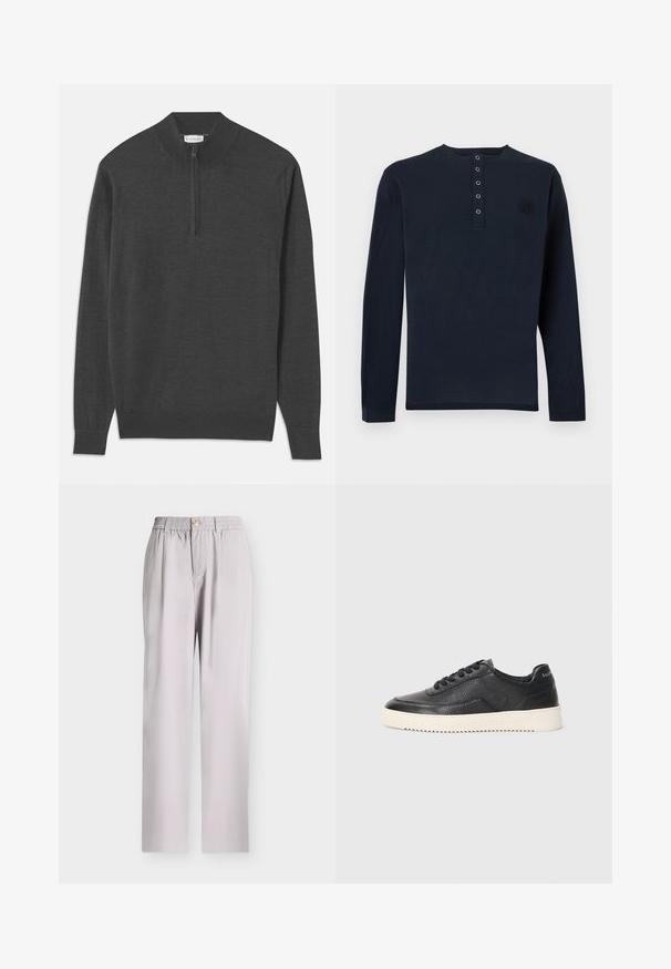Mørkegrå pullover sweater med lynlås i halsen, lange ærmer, ribbestrikkede manchetter og kant, lavet af et blødt stof med en glat overflade.; Langærmet navyblå henley-trøje, bomuldsstof, fem knapper i slidsen, rund halsudskæring, cirkulært logo på venstre bryst, minimalistisk design.; Lysegrå bukser med lige ben, elastisk talje, knaplukning og forreste læg, vist på en ensfarvet baggrund.; Sort lædersneaker med struktureret overflade, rund tå og flad hvid gummisål. Har sorte snørebånd og branding på hælen.