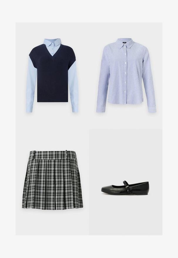 Chaleco de punto azul marino con escote en V sobre una camisa de botones azul claro. Presenta mangas cortas y una textura suave, con materiales en contraste.; Camisa de manga larga con botones, con rayas verticales blancas y azul claro y cuello puntiagudo, mostrada sobre un fondo liso.; Falda plisada de cuadros en blanco y negro con una cintura suave y múltiples pliegues verticales. Fabricada en un tejido ligero.; Bailarinas de cuero negro con punta redondeada, suela plana y una delgada correa ajustable en el empeine que cuenta con una hebilla de metal.