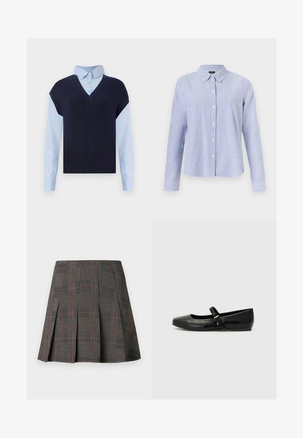Chaleco de punto azul marino con escote en V sobre una camisa de botones azul claro. Presenta mangas cortas y una textura suave, con materiales en contraste.; Camisa de manga larga con botones, con rayas verticales blancas y azul claro y cuello puntiagudo, mostrada sobre un fondo liso.; Falda de cuadros gris con pliegues, con intrincados patrones en blanco y negro, acentuados por delgadas líneas rojas. Está hecha de una tela estructurada.; Bailarinas de cuero negro con punta redondeada, suela plana y una delgada correa ajustable en el empeine que cuenta con una hebilla de metal.