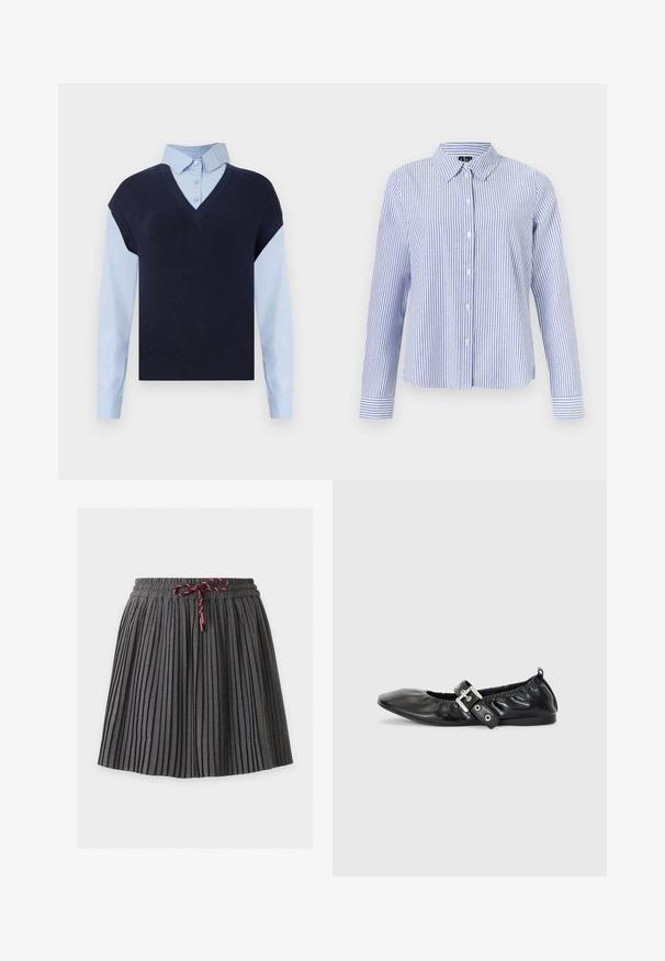 Chaleco de punto azul marino con escote en V sobre una camisa de botones azul claro. Presenta mangas cortas y una textura suave, con materiales en contraste.; Camisa de manga larga con botones, con rayas verticales blancas y azul claro y cuello puntiagudo, mostrada sobre un fondo liso.; Falda plisada gris oscuro con cintura elástica y cordón granate atado en el centro delantero.; Zapato plano de piel negra con puntera afilada, detalle fruncido alrededor de la abertura y un acento de hebilla plateada en la correa ajustable.