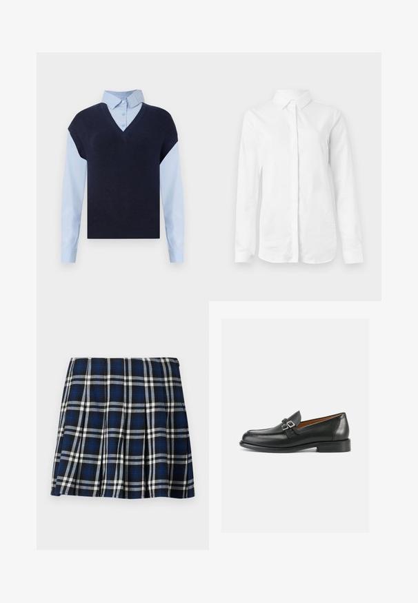 Chaleco de punto azul marino con escote en V sobre una camisa de botones azul claro. Presenta mangas cortas y una textura suave, con materiales en contraste.; Camisa blanca de manga larga hecha de algodón suave. Presenta un cuello clásico y un cierre de botones en la parte delantera, con un dobladillo recto y sin patrones.; Falda corta de cuadros en colores azul marino, negro y blanco. Con pliegues y una textura suave. Cierre de cremallera en el lateral.; Mocasines de cuero negro con un diseño bordado, con un detalle de doble hebilla y un tacón ligeramente elevado para añadir altura.