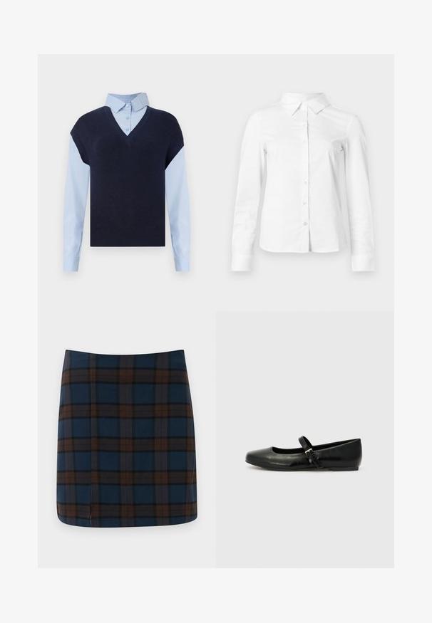 Marine blauwe gebreide vest met een V-hals over een lichtblauw overhemd met knopen. Heeft korte mouwen en een gladde textuur, contrasterende materialen.; Witte blouse met lange mouwen en knopen, met puntige kraag, rechte zoom en aansluitende silhouet, weergegeven op een effen lichte achtergrond.; Donkerblauwe geruite mini-jurk met bruine en grijze lijnen, gemaakt van een gladde stof, met een subtiele split aan de achterkant voor gemakkelijke beweging.; Zwarte leren balletschoenen met een ronde neus, een platte zool en een dunne verstelbare band over de wreef met een metalen gesp.