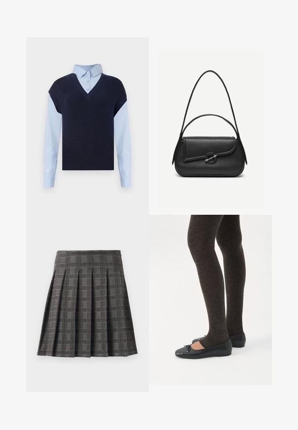 Chaleco de punto azul marino con escote en V sobre una camisa de botones azul claro. Presenta mangas cortas y una textura suave, con materiales en contraste.; Falda plisada en un patrón de cuadros grises, hecha de una tela texturizada. Presenta pliegues verticales y un dobladillo recto.; Piernas con leggings oscuros acanalados combinados con bailarinas negras que presentan pequeños detalles de lazo sobre un fondo blanco.; Bolso de cuero negro con bordes redondeados, solapa asimétrica, cierre circular de metal y correas de hombro cortas y largas.