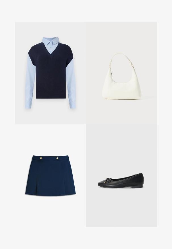 Gilet en tricot bleu marine à col en V sur une chemise boutonnée bleu clair. Il présente des manches courtes et une texture lisse, avec des matières contrastantes.; Mini-jupe plissée bleu marine avec deux boutons dorés sur la ceinture, présentée à plat sur un fond blanc.; Ballerines en cuir noir avec un bout pointu, présentant un petit nœud et des accents dorés, ainsi qu'un petit talon arrondi.; Petit sac blanc à épaule avec une seule bandoulière ajustable et une fermeture éclair, sur un fond blanc uni.