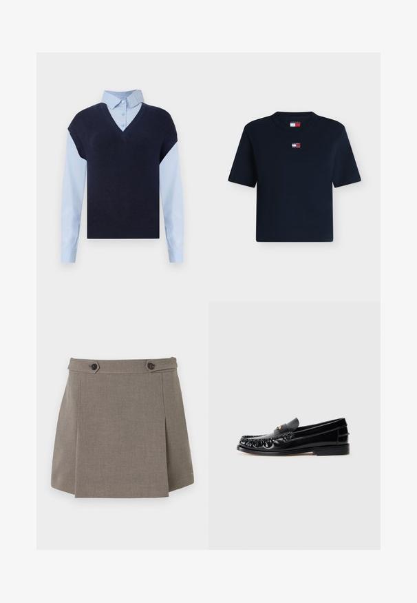 Gilet en tricot bleu marine à col en V sur une chemise boutonnée bleu clair. Il présente des manches courtes et une texture lisse, avec des matières contrastantes.; T-shirt bleu marine à manches courtes avec col rond, petit patch logo Tommy Jeans centré sur la poitrine.; Jupe mini en tissu taupe avec un surplis à l'avant, deux boutons noirs à la taille et un discret logo sur l'ourlet.; Mocassins en cuir noir avec un bout arrondi, des coutures décoratives et un petit accent doré sur le dessus. Semelle en caoutchouc plate, design épuré.