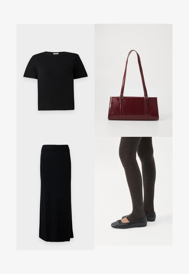 T-shirt noir à manches courtes en coton. Présente un col rond et une coupe décontractée. Design uni sans motifs ni accents.; Jupe noire, longue, en maille avec une fente sur le côté. Équipée d'une taille extensible et d'une texture lisse. Design simple et ajusté. Aucune motif ou accent visible.; Jambes portant des leggings côtelés foncés associés à des ballerines noires avec de petits détails en nœud sur fond blanc.; Sac à main bordeaux en matériau brillant, de forme rectangulaire, avec deux anses et des accents légèrement courbés à l'avant.