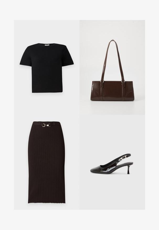 T-shirt noir à manches courtes en coton. Présente un col rond et une coupe décontractée. Design uni sans motifs ni accents.; Jupe crayon noire côtelée avec une taille ceinturée comportant une boucle en métal, tissu texturé, longueur genou, et ourlet festonné.; Chaussure slingback en cuir verni noir avec bout pointu, boucle argentée et talon kitten de hauteur moyenne sur un fond clair uni.; Sac à main en cuir verni marron de forme rectangulaire, avec deux longues poignées et des accents courbés subtils à l'avant.