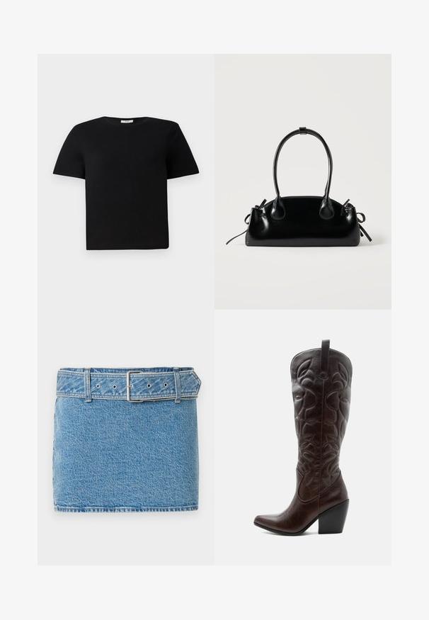 Camiseta negra de manga corta hecha de algodón. Presenta un cuello redondo tipo crew y un corte holgado. Diseño liso sin patrones ni acentos.; Abercrombie & Fitch CLASSIC BELTED SCARLETTE MINI SKORT - Falda vaquera - blue denim; Bota vaquera alta de cuero marrón oscuro con patrones decorativos cosidos, punta puntiaguda y tacón de bloque apilado.; Pequeño bolso negro brillante con dos asas largas y detalles de cordón lateral sobre un fondo claro liso.