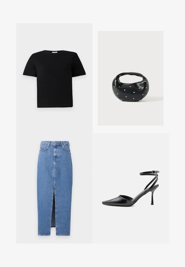 T-shirt noir à manches courtes en coton. Présente un col rond et une coupe décontractée. Design uni sans motifs ni accents.; Jupe midi en denim bleu clair avec une fente avant, design classique à cinq poches et fermeture par bouton supérieur. Le tissu présente une légère texture.; Escarpin noir à bout pointu avec fines brides de cheville et fermeture à boucle argentée sur fond clair uni.; Sac à main en cuir noir de forme arrondie, décoré de clous argentés et équipé d'une poignée courte. Texture lisse et fermeture éclair.