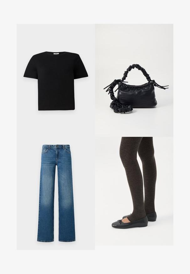 T-shirt noir à manches courtes en coton. Présente un col rond et une coupe décontractée. Design uni sans motifs ni accents.; Jeans larges bleus avec un délavage, cinq poches et une fermeture à bouton. Fabriqués en denim avec une texture lisse et résistante.; Jambes portant des leggings côtelés foncés associés à des ballerines noires avec de petits détails en nœud sur fond blanc.; Sac à main en simili cuir noir avec une texture crocodile, un dessus resserré et une sangle froncée. A l'apparence douce et compacte.