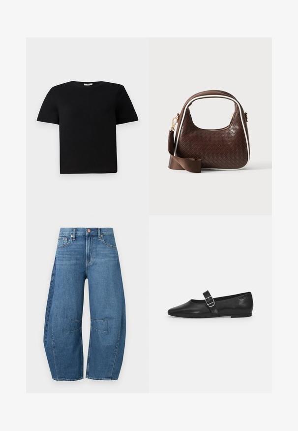 T-shirt noir à manches courtes en coton. Présente un col rond et une coupe décontractée. Design uni sans motifs ni accents.; Jean bleu à jambes larges avec taille haute, poches avant et arrière, et détails prononcés des coutures aux genoux.; Chaussure plate en cuir noir avec un bout arrondi, une seule sangle réglable à boucle et une texture lisse et brillante. Design minimaliste avec un petit talon.; Sac à main en cuir tressé marron avec passepoil blanc, fermeture éclair dorée et bandoulière amovible en tissu marron.