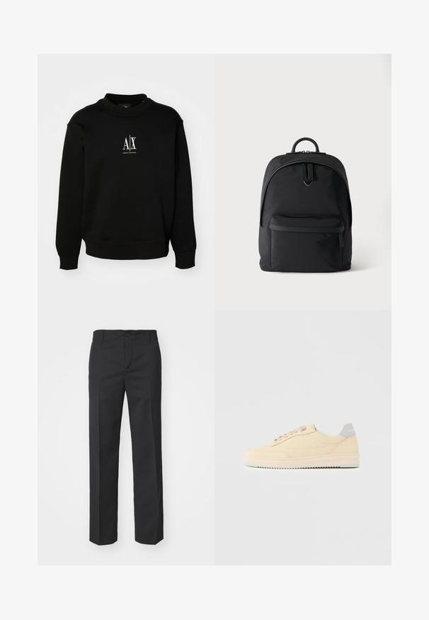 Schwarzer Pullover aus weichem Stoff, mit Rundhalsausschnitt, gerippte Bündchen und einem weißen Logo auf der Brust. Einfaches und unauffälliges Design.; Filippa K TROY TROUSERS - Stoffhose - black; Beiger Sneaker in niedrigem Design mit Schnürverschluss vorne, hellrosa Sohle und grauem Fersenlasche mit der Marke "Filling Pieces", seitlich auf neutralem Hintergrund gezeigt.; Schwarzer Rucksack mit einer vorderen Reißverschlusstasche, einem Hauptfach mit Doppelreißverschluss und einem kleinen Metalllogo unter den Hauptreißverschlussgriffen.