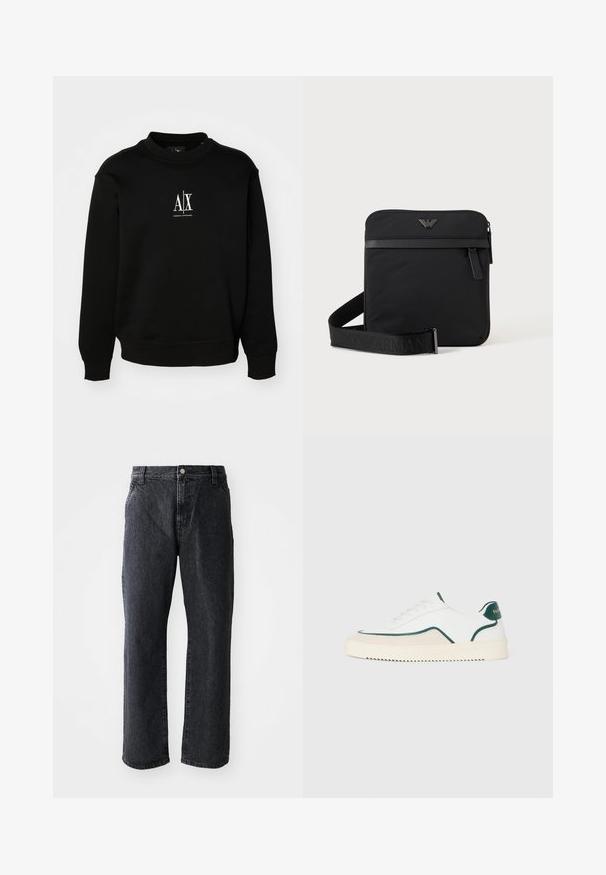 Schwarzer Pullover aus weichem Stoff, mit Rundhalsausschnitt, gerippte Bündchen und einem weißen Logo auf der Brust. Einfaches und unauffälliges Design.; Schwarze Denim-Jeans mit geradem Schnitt, ausgestattet mit einem Knopfverschluss, fünf Taschen und subtiler Textur. Klassisches Design ohne auffällige Muster.; Weiße Low-Top-Sneaker mit grünen Akzenten, beigen Wildlederdetails und einer cremefarbenen Sohle mit gerilltem Boden.; Schwarze quadratische Schultertasche mit Reißverschluss, Vordertasche und verstellbarem Riemen mit eingeprägtem Markennamen.