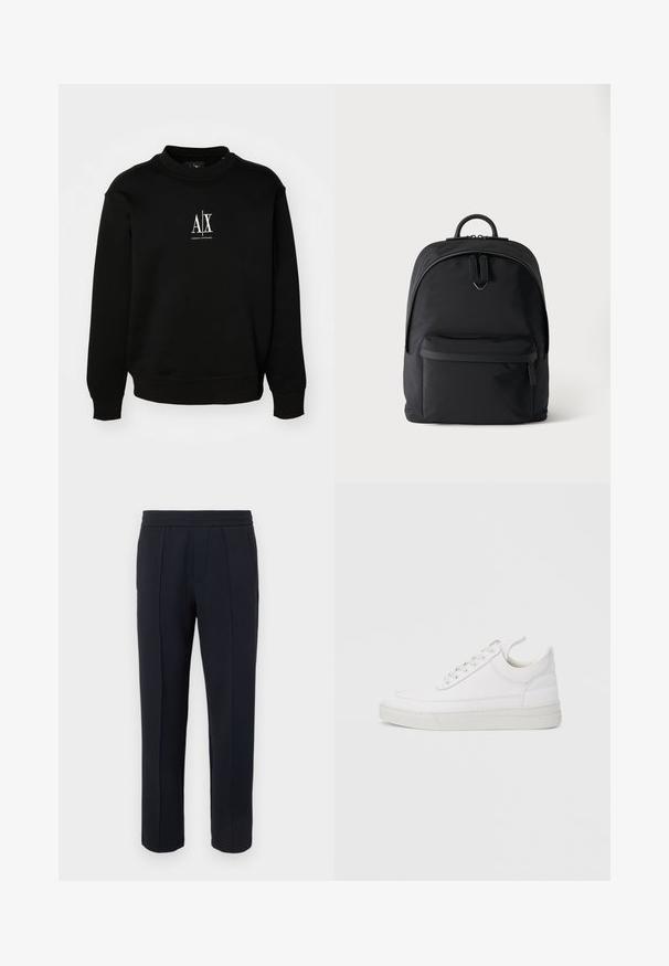 Schwarzer Pullover aus weichem Stoff, mit Rundhalsausschnitt, gerippte Bündchen und einem weißen Logo auf der Brust. Einfaches und unauffälliges Design.; Schwarze, gerade geschnittene Hose mit vorderer Nahtdetail, elastischem Bund und seitlichen Taschen vor hellem, einfarbigem Hintergrund.; Weißer Ledersneaker mit abgerundetem Zehenbereich, flacher Sohle und Schnürverschluss. Verfügt über Nahtdetails und einen gepolsterten Kragen für zusätzlichen Komfort.; Schwarzer Rucksack mit einer vorderen Reißverschlusstasche, einem Hauptfach mit Doppelreißverschluss und einem kleinen Metalllogo unter den Hauptreißverschlussgriffen.