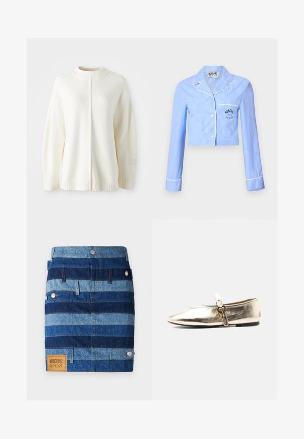 Hvid fleece sweater med høj ribbet hals, lange ærmer og en midterseam. Har ribbede manchetter og et lille logo-patch på ærmet.; Afskåret blåstribet pyjamas skjorte med lange ærmer, hvid piping og en brystlomme med et sort Moschino Jeans logo.; Denim mini nederdel med vandrette blå og lyseblå striber, med sølvfarvet knapdetaljer og et brunt logo patch i kanten.; Skinnende metallisk gylden Mary Jane flad sko med spænde formet som et hjerte på remmen og sort sål mod en hvid baggrund.