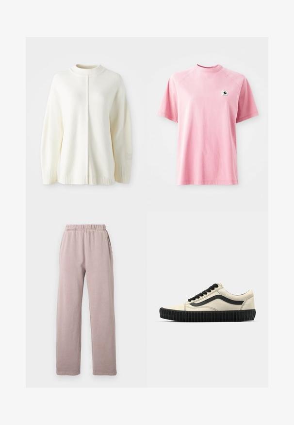Hvid fleece sweater med høj ribbet hals, lange ærmer og en midterseam. Har ribbede manchetter og et lille logo-patch på ærmet.; Pink bomulds t-shirt med rund hals og korte ærmer. Har en lille firkantet logo-patch på venstre brystområde. Glat tekstur.; Løse mauve sweatpants med elastisk talje og sidelommer på en ensfarvet hvid baggrund.; Beige lærredssneakers med en sort gummisål, sorte snørebånd og detaljer i sidebånd. Struktur overflade med et strømlinet design.