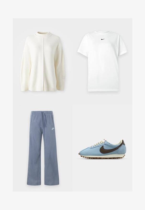 Pull en polaire blanc avec un col haut côtelé, des manches longues et une couture centrale. Comprend des poignets côtelés et un petit patch logo sur la manche.; T-shirt blanc à manches courtes avec col ras du cou, portant un petit logo Nike en forme de swoosh noir centré sous le col.; Pantalons de survêtement Nike en polaire bleu clair avec taille élastique, cordon de serrage, jambes larges et logo blanc sur la cuisse gauche.; Chaussure de sport bleue en mesh et daim. Affiche un swoosh Nike marron, des lacets beiges et une semelle en caoutchouc texturé pour une meilleure adhérence.