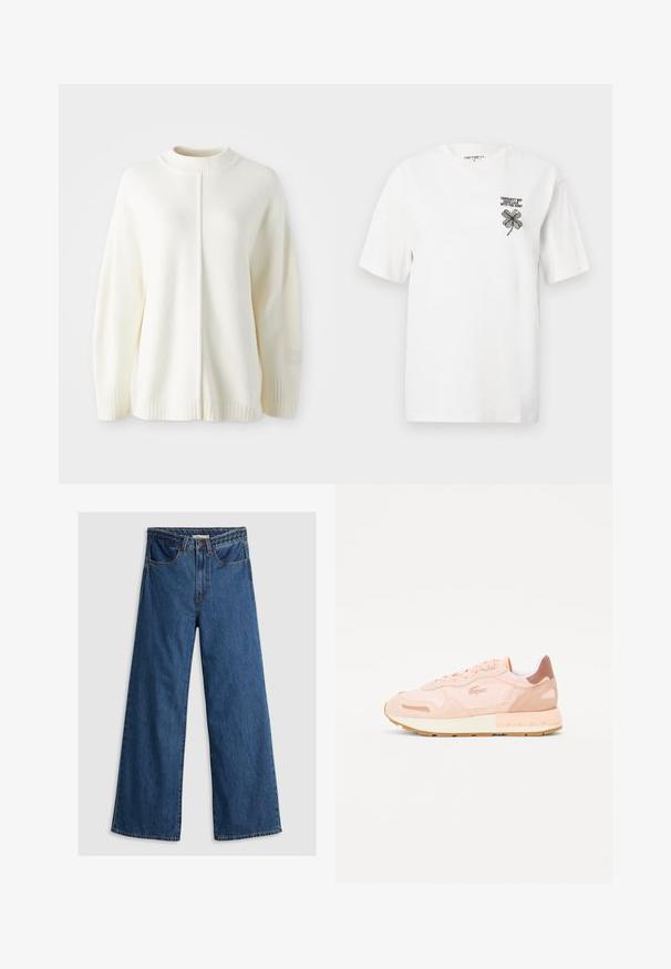 Hvid fleece sweater med høj ribbet hals, lange ærmer og en midterseam. Har ribbede manchetter og et lille logo-patch på ærmet.; Hvid bomulds t-shirt med korte ærmer, en rund halsudskæring og en sort broderet kløver med tekst på venstre brystområde.; Bredde ben blå denim jeans med høj talje, der har et klassisk fem-lomme design og en tekstureret taljebånd.; Sneakers i blød pink ruskind og mesh, med hvid inderside, brun hælaccent og en beige gummisål med struktureret mønster.