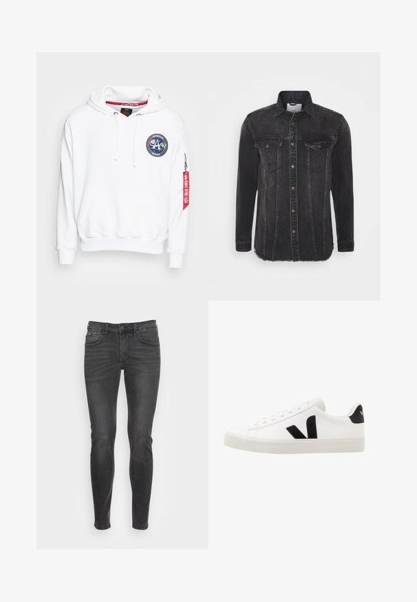 Alpha Industries MISSION HOODY - Mikina s kapucňou - white; Čierna džínsová bunda s dlhými rukávmi, zapínaním na gombíky, dvoma náprsnými vreckami a rozstrapkaným lemom. Obsahuje jemné vyblednutie a prešité detaily.; Úzke čierne džínsy s hladkou textúrou, ktoré majú klasický dizajn s piatimi vreckami a jemným vyblednutím v prednej časti.; Biele kožené tenisky s čiernymi semišovými akcentmi; majú gumovú podrážku, okrúly špičku a klasický šnurovací dizajn. Na boku logo v čiernej farbe.