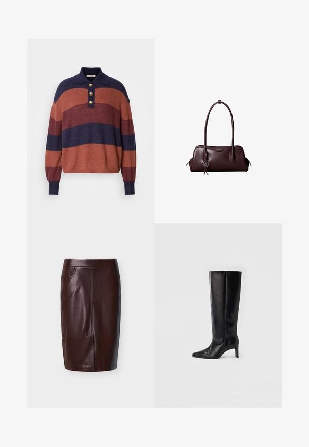 Pull en maille rayé avec des rayures horizontales bleu marine, rouge brique et bordeaux. Encolure à col avec trois boutons dorés et poignets côtelés.; Jupe crayon en cuir marron à texture lisse, avec deux poches latérales et des détails de couture à l'avant, conçue pour une coupe ajustée.; Bottes noires montantes en cuir lisse, avec un bout pointu et un talon fin, une tige ajustée et un design minimaliste.; Sac à main en cuir brun foncé Calvin Klein avec de longues poignées doubles et un petit porte-clé logo suspendu à une poignée.