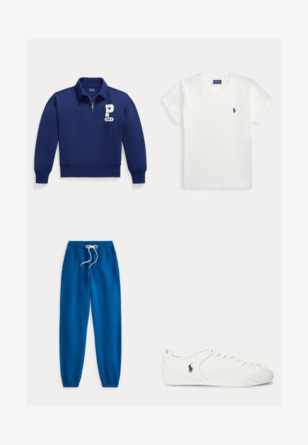 Sweat-shirt bleu marine avec fermeture éclair quart de zip et col, lettres blanches "P" et "1967" sur la poitrine gauche, poignets et ourlet côtelés.; T-shirt blanc uni à manches courtes avec un petit logo Polo Ralph Lauren bleu marine sur la poitrine gauche et une étiquette de marque bleue à l'intérieur du col.; Pantalon de survêtement bleu à taille élastique avec cordon blanc et poignets aux chevilles, posé à plat sur un fond blanc.; Baskets blanches à profil bas avec laçage sur le devant et logo joueur de polo bleu foncé sur le côté, vues de l'intérieur.