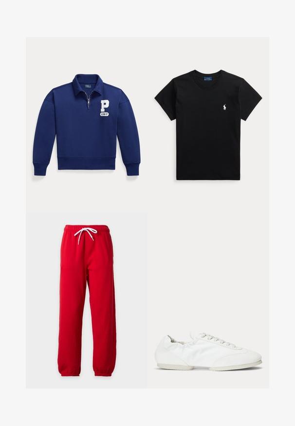 Sweat-shirt bleu marine avec fermeture éclair quart de zip et col, lettres blanches "P" et "1967" sur la poitrine gauche, poignets et ourlet côtelés.; T-shirt noir manches courtes col rond avec petit logo blanc joueur de polo sur la poitrine gauche et étiquette bleue à l’intérieur du col.; Pantalon de survêtement rouge avec cordon blanc, taille élastique et poignets élastiques sur un fond clair uni.; Basket blanche profil bas avec lacets, panneau latéral en tissu lisse et semelle souple et flexible.
