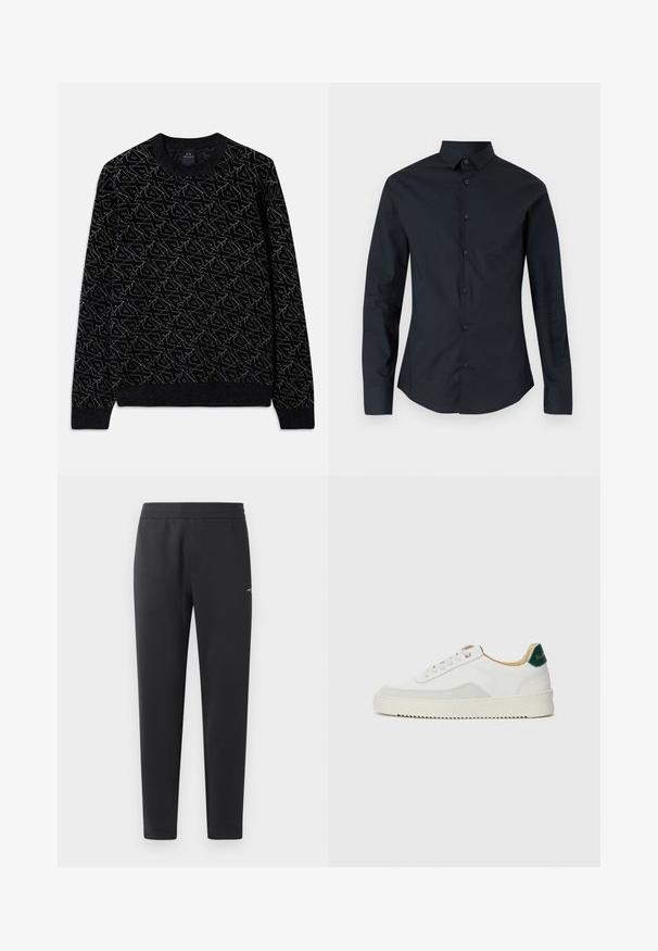 Sort sweater med et struktureret mønster i mørkegrøn. Har en rund halsudskæring, lange ærmer og ribbede manchetter og kant.; Sort langærmet skjorte med spidse krave, frontknaplukning og slank pasform. Lavet af glat stof med subtil logo-broderi.; Sorte joggebukser lavet af blødt stof, med elastisk måle, lige ben og et enkelt lille logo detaljeret på siden.; Hvide sneakers med ruskindsdetaljer, rund tå, flade snørebånd og en cremet gummisål. Har grøn branding på hælen.