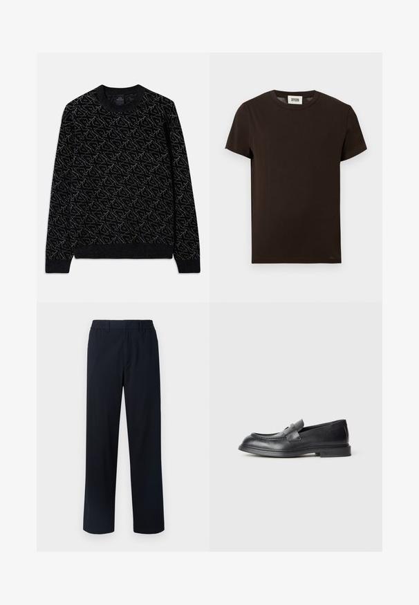 Sort sweater med et struktureret mønster i mørkegrøn. Har en rund halsudskæring, lange ærmer og ribbede manchetter og kant.; Brun kortærmet t-shirt lavet af bomuld med rund hals og et enkelt design uden mønstre eller accenter.; Marinebukser med elastisk talje, lige ben-design, struktureret stof og uden synlige lommer eller dekorationer.; Sorte læder loafers med en struktureret finish, der har en dekorativ frontrem og en rundet tå. Gummisål for holdbarhed.