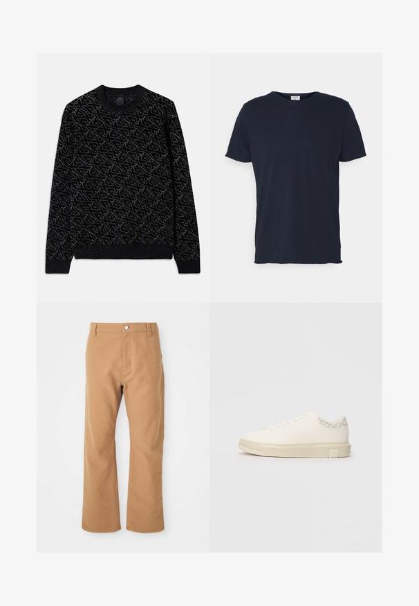 Sort sweater med et struktureret mønster i mørkegrøn. Har en rund halsudskæring, lange ærmer og ribbede manchetter og kant.; Marineblå bomulds t-shirt med rund hals og korte ærmer, med en glat tekstur og enkel design, uden synlige mønstre eller accenter.; Brune bomuldsbukser med lige ben, der har en enkelt knaplukning og diskrete syninger for ekstra detaljer.; Hvide sneakers med en glat lærredsoverdel, flade snørebånd, polstret krave og en struktureret grå detalje bagpå. Kraftig gummisål.