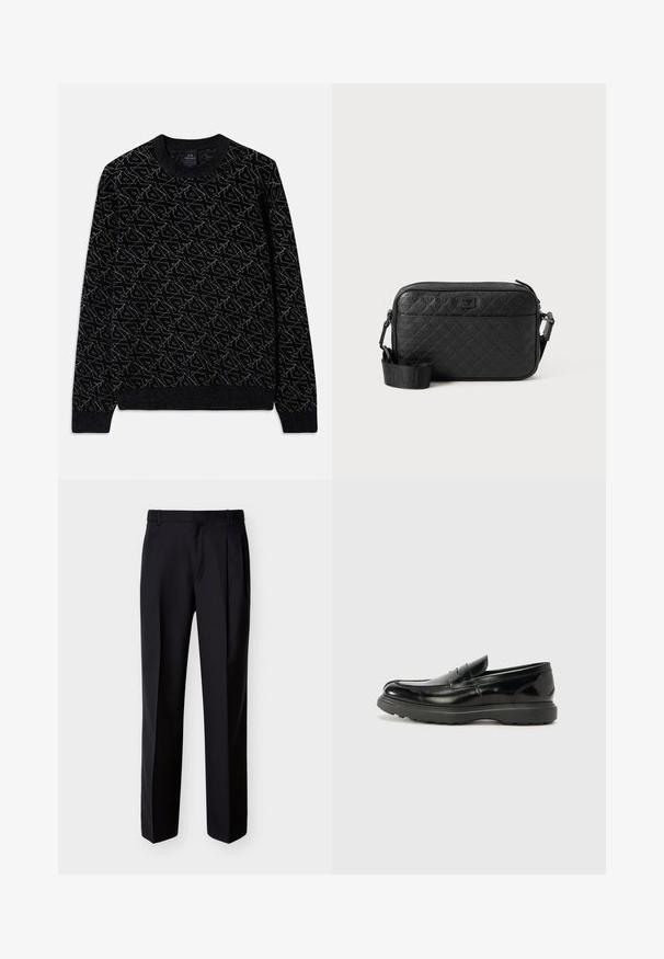 Suéter negro con un patrón texturizado en verde oscuro. Presenta un cuello redondo, mangas largas y puños y dobladillo acanalados.; Pantalones negros hechos a medida con corte recto, pinzas delanteras y bolsillos laterales. Elaborados con una tela suave y ligera con un patrón sólido.; Mocasín de cuero negro con un acabado brillante, punta redondeada, detalles de costura sutiles y una suela de goma gruesa para mayor durabilidad.; Bolso crossbody negro de textura con patrón geométrico en relieve y correa ajustable que presenta el logotipo de la marca.