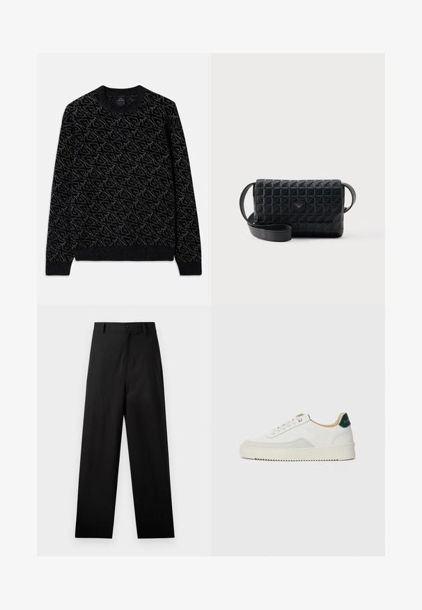 Suéter negro con un patrón texturizado en verde oscuro. Presenta un cuello redondo, mangas largas y puños y dobladillo acanalados.; Pantalones negros de algodón con un diseño de pierna recta, que cuentan con un cierre frontal de botón y bolsillos laterales. Textura lisa, sin patrones.; Zapatilla blanca con acentos de ante, puntera redondeada, cordones planos y suela de goma color crema. Presenta un logo verde en el talón.; Bolso bandolera negro con textura, cierre de solapa y un pequeño logo metálico en el frente, mostrado sobre un fondo liso.