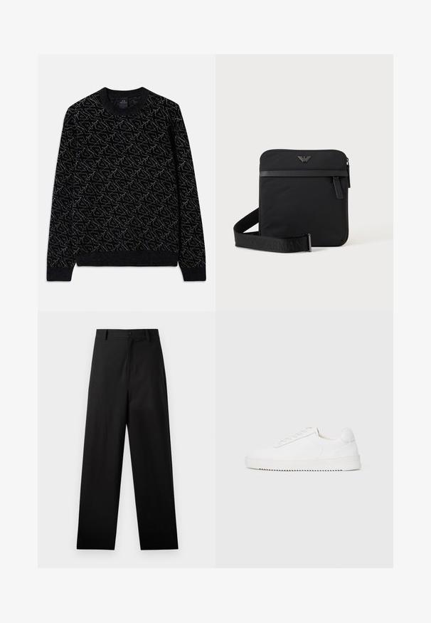 Sort sweater med et struktureret mønster i mørkegrøn. Har en rund halsudskæring, lange ærmer og ribbede manchetter og kant.; Sorte bukser lavet af bomuld med lige ben-design, der har en frontknaplukning og sidelommer. Glat tekstur, ingen mønstre.; Hvid sneaker med en glat læderoverdel, rund tå, snørebånd, teksturerede sideaccenter og en tyk gummisål. Minimalistisk design.; Sort firkantet skuldertaske med lynlås, frontlomme og justerbar rem med præget brandnavn.