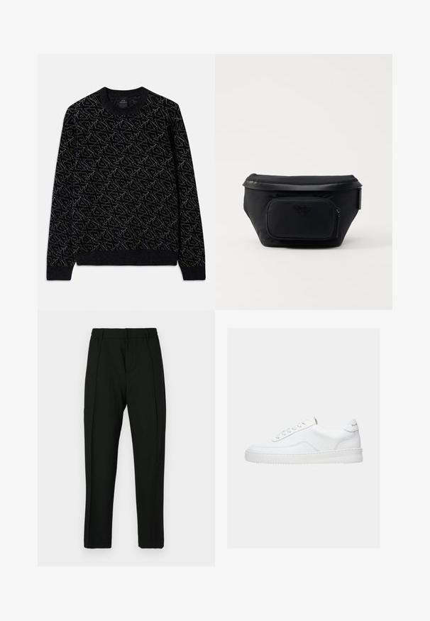 Suéter negro con un patrón texturizado en verde oscuro. Presenta un cuello redondo, mangas largas y puños y dobladillo acanalados.; Pantalones negros con una textura suave, con un diseño de frente plano, dos plisados verticales y pata tapered. Cintura elástica para mayor comodidad.; Zapatilla deportiva blanca de corte bajo con diseño con cordones, parte superior de cuero liso y suela gruesa, vista de lado sobre un fondo liso.; Bolsa negra de nailon con un bolsillo delantero con cremallera, presenta una textura lisa y un acento de logo. Diseño estructurado con una tapa plegable.