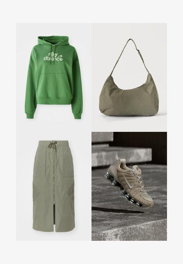Roheline kapuutsiga dress, millel on känguru tasku ja valge "new balance" logo lillemotiividega ees.; Oliivroheline midi seelik, mis on valmistatud kergest kangast. Seelikul on esi tõmblukk, elastne vöökoht ning suured külje taskud nurkadega klappidega.; Beežid Nike jooksujalatsid hõbedaste detailide ja kevadise tallaga, õhus betoonist treppide kohal summutatud valguses.; Õlakott pehmest oliivrohelisest kangast, lukuga sulgemine ja reguleeritav rihm, ühtlasel heledal taustal.