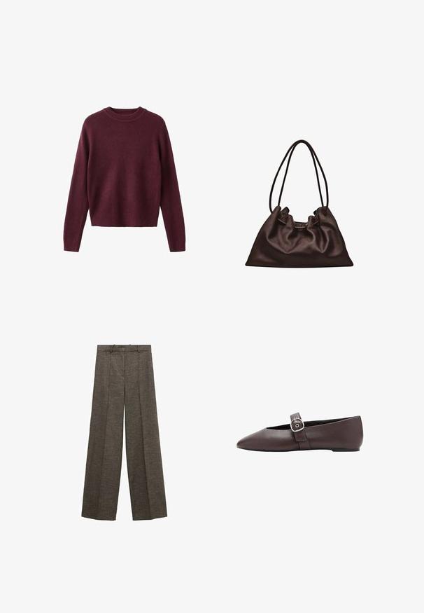 Langærmet crewneck strikket sweater i mørk burgunder med ribbede manchetter og kant, vist på en hvid baggrund.; Brune vidde bukser med for-rynker, bæltestropper og et struktureret stof.; Brun flad sko med spids tå, sølvspænde over vristen, glat lædertekstur og lav hæl.; Blød mørkebrun læderhåndtaske med en slasket form og to tynde skulderstropper mod en hvid baggrund.