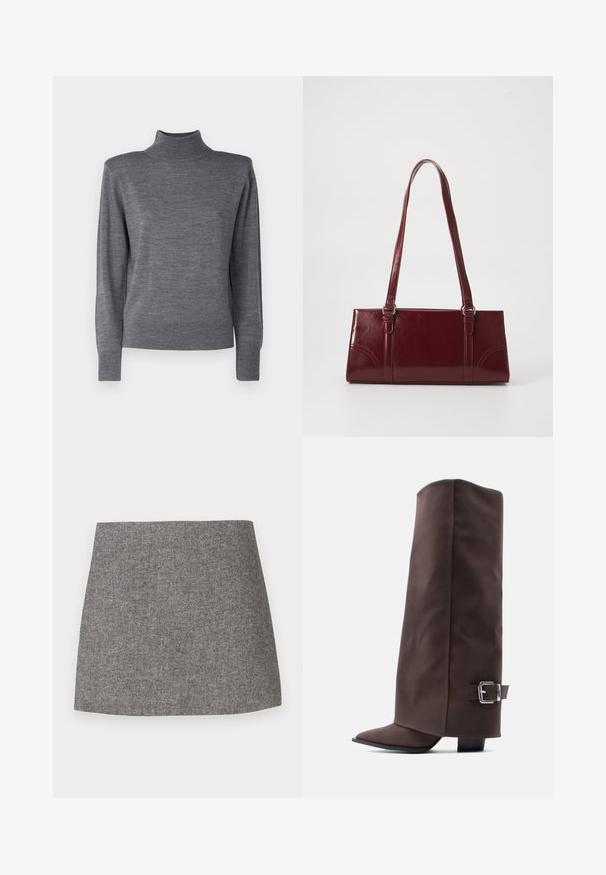 Pull en maille gris à col roulé, doté de manches longues, d'une silhouette ajustée et de poignets et d'un col côtelés.; Jupe à motif chevrons en tissu gris, présentant une silhouette ajustée avec une texture lisse et un ourlet droit et net.; Bottes marron montant jusqu'aux genoux, en matériau lisse, avec un bout pointu, un talon bas et un accent en boucle métallique sur le côté.; Sac à main bordeaux en matériau brillant, de forme rectangulaire, avec deux anses et des accents légèrement courbés à l'avant.